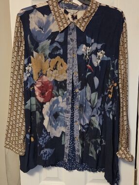 John Mark Navy Multi-Color Mixed-Print Floral Button Front Blouse